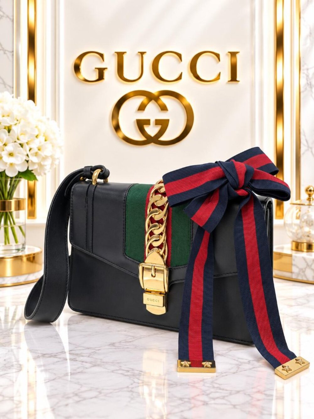 Authentic Gucci Sylvie Black Leather Web Bow Shoulder Bag Gold Chain Luxury